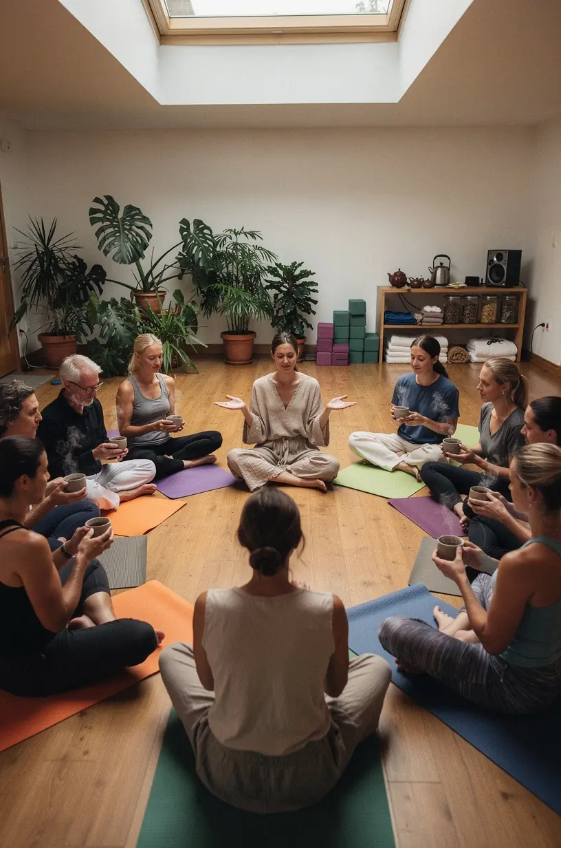 Rankos laikantis šiltą žolelių arbatą, fone matomas žalias augalas ir knyga