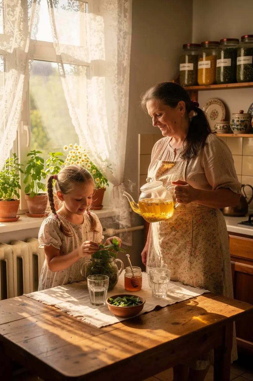 Arbatos paruošimo procesas su natūraliomis žolelėmis ir stikline arbatine